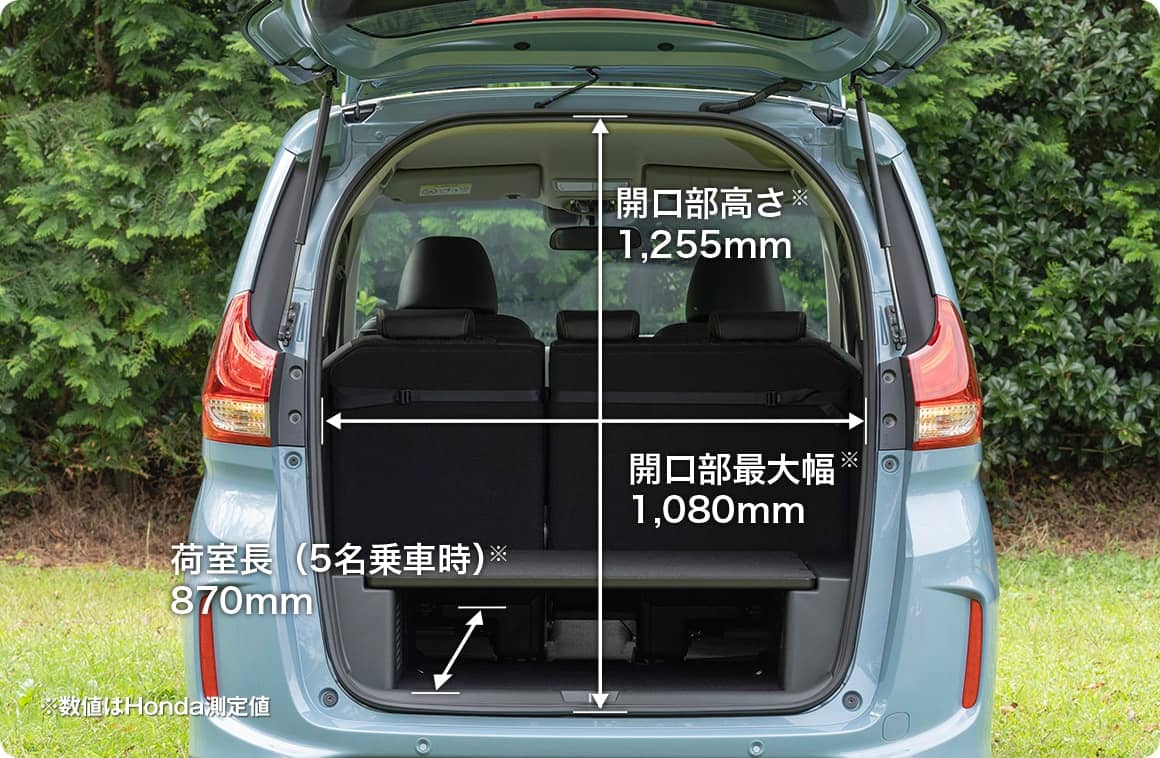 開口部高さ※　1,255mm　開口部最大幅※　1,080mm　荷室長（5名乗車時）※　870mm ※数値はHonda測定値