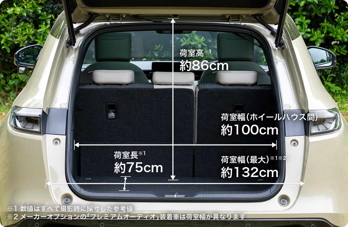 荷室高※1約86cm 荷室幅（ホイールハウス間）※約1100cm 荷室長※1約75cm 荷室幅（最大）※1※2約132cm ※1 数値はすべて撮影時に採寸した参考値※2 メーカーオプションの「プレミアムオーディオ」装着車は荷室幅が異なります