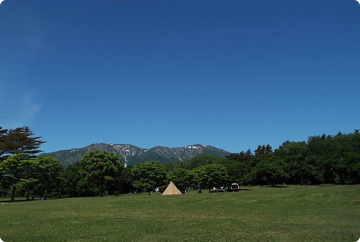 芝生が青々と生い茂る初夏のキャンプサイト