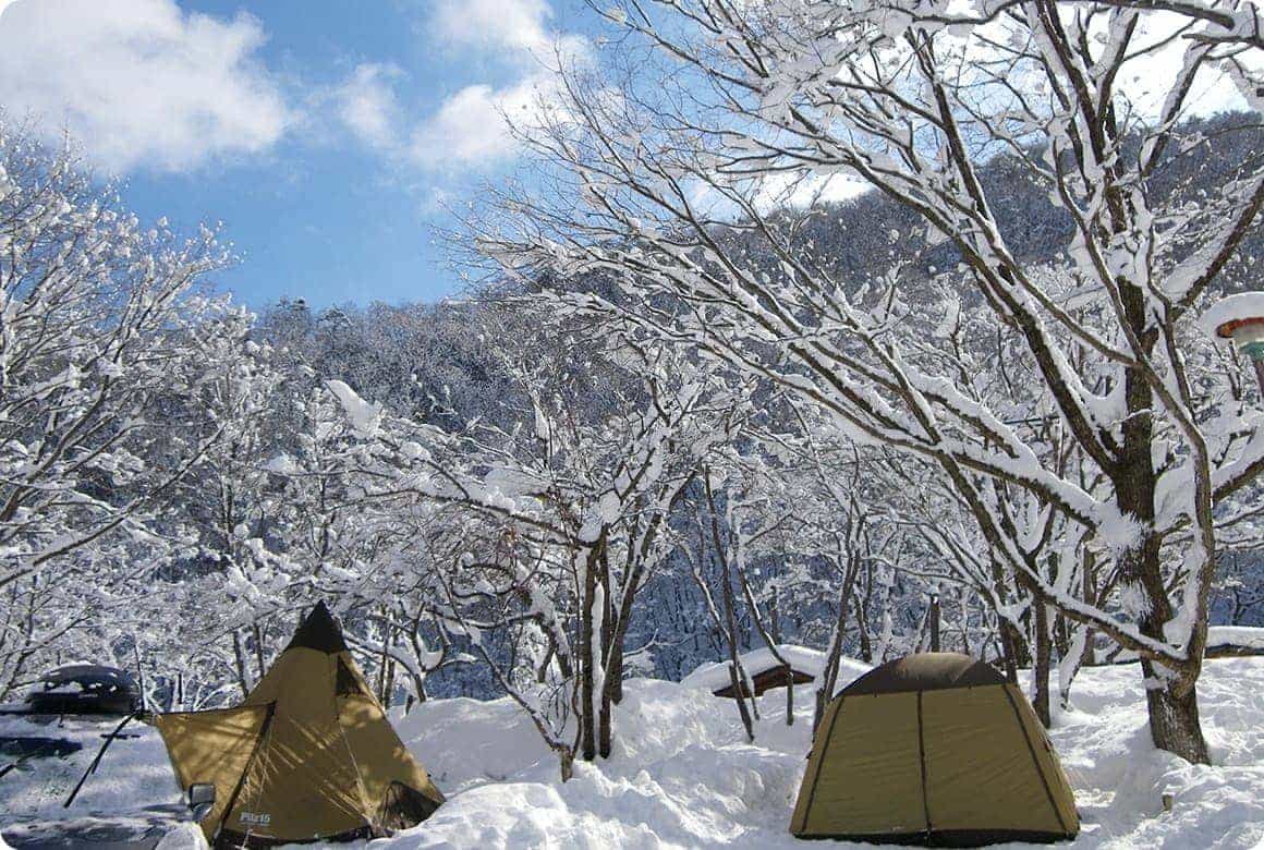 木の枝に積もった雪と青空のコントラストが幻想的。冬だからこその景色を存分に楽しめます