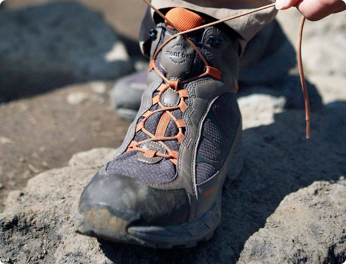 登山靴でなくても構いませんが靴ひもがしっかりと締められるものを