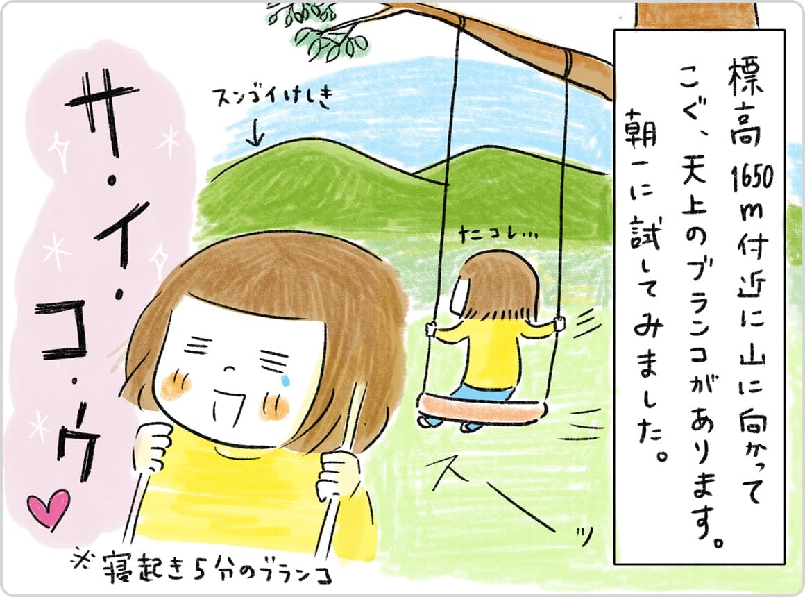 標高1650m付近の山に向かってこぐ、天井のブランコがあります。朝一に試してみました。最高!!※寝起き五分のブランコ