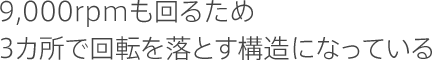 9,000rpmも回るため3カ所で回転を落とす構造になっている